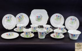 Shelley Art Deco Crocus Pattern Tea Service 21 items in total to include cake plate,