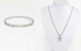 Crystal Set Cross Pendant And Bangle Long silver tone chain with cross pendant set with multiple