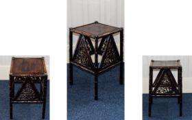 19thC Chinese Occasional Table, Carved Bamboo Effect, Triangular Reticulated Panels To Each Side,