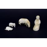 Antique Collection of Small Ivory Figures, Comprises Eskimo, Scrimshaw, 19th Century. 3 Inches High.