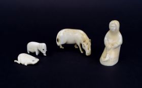 Antique Collection of Small Ivory Figures, Comprises Eskimo, Scrimshaw, 19th Century. 3 Inches High.