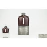 A Mid 20th Century Gentleman's Large Pewter and Leather Clad Spirit Flask In Overall Good Condition