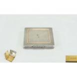 Ladies Victorian Period Nice Quality Square Shaped Bright Cut Silver Hinged Compact with Gold Inlay,