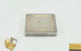 Ladies Victorian Period Nice Quality Square Shaped Bright Cut Silver Hinged Compact with Gold Inlay,