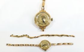 1920's 9ct Gold Cased Ladies Wrist Watch with Attached 9ct Gold Expanding Bracelet, Clasp - Missing,