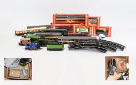 00 Gauge Hornby Railway, two boxes containing a collection of engines, rolling stock and track.
