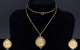 George V 22ct Gold Full Sovereign Set Pendant with Attached 9ct Gold Long Fancy Chain,