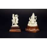 Antique - Indian Carved Ivory Figures of Indian Dietys, Raised on Wooden Stand - Please See Photo.