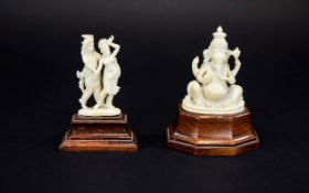 Antique - Indian Carved Ivory Figures of Indian Dietys, Raised on Wooden Stand - Please See Photo.