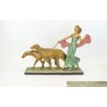 Art Deco Period Large Hand Painted - Chalk Ware Figure / Sculpture ' Lady with Borzoi Dogs '