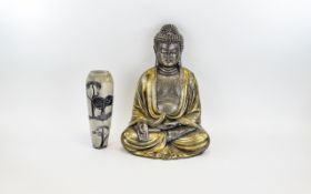 Seated Buddah Figure Of resin construct with brushed gold paint finish, approx height 15 inches.