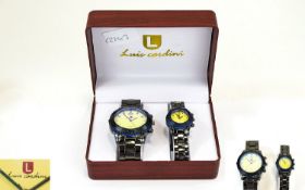 Luis Cardini Pair of Polished Steel STylish Ladies and Gents 'His and Hers' Quartz Wrist Watches. In