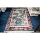 Large Moss Green Oriental Style Rug Moss green ground with intricate oriental pattern of pagodas