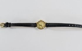 Ladies Omega Watch Co 9ct Gold Cased Mechanical Wrist Watch with Attached Black Leather Strap, 17