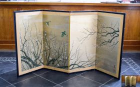 Japanese Four Panel Folding Screen The Hand painted Panels Showing Two Birds Amongst Flowering