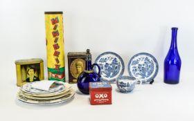 Small Collection of Items including old tins, bristol blue glass, minibrix and assorted pottery.