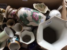 Box Of Miscellaneous Pottery To Include, Large Water Jug, Vases, Bowls Etc.