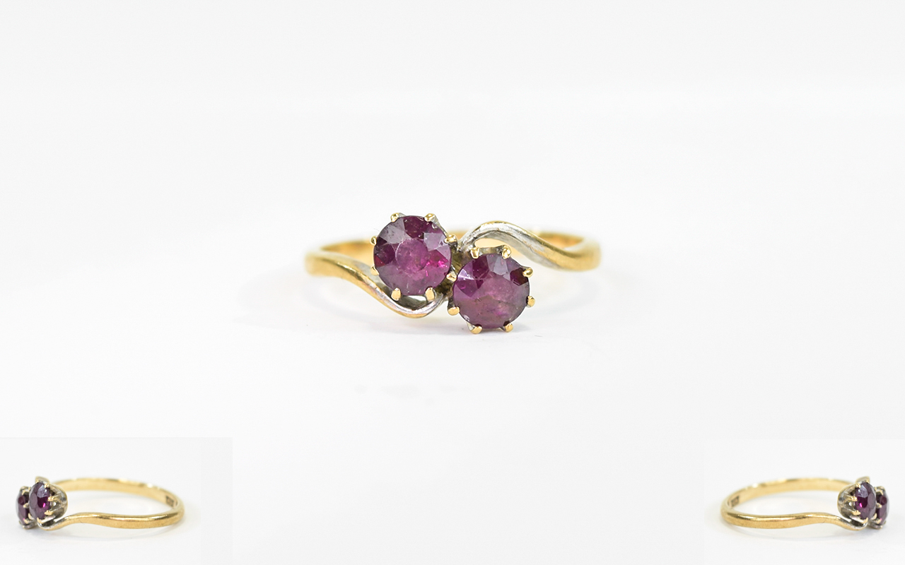 Ladies - Antique Period 9ct Gold Set Two Stone Amethyst Ring. Marked 9ct.