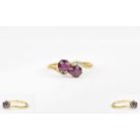 Ladies - Antique Period 9ct Gold Set Two Stone Amethyst Ring. Marked 9ct.