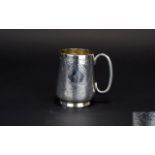Victorian Period Small Silver Tankard / Cup with Engraved Art Nouveau Decoration. C Handle Shape.
