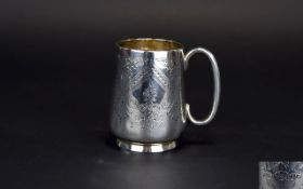 Victorian Period Small Silver Tankard / Cup with Engraved Art Nouveau Decoration. C Handle Shape.