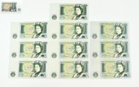 A Collection of United Kingdom Queen Elizabeth II One Pound Bank Notes ( 10 ) Notes In Total.