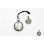 Swiss - Fancy Ornate Ladies Silver Fob Watch, The White Porcelain Dial with Gold Highlight,