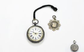 Swiss - Fancy Ornate Ladies Silver Fob Watch, The White Porcelain Dial with Gold Highlight,