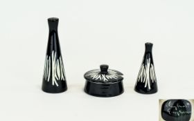 Midwinter ( 4 ) Piece Cruet Set. Designer by Jessie Tait. White Stripes on Black Ground. c.1950.