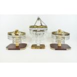 Set Of Three Light Fittings Brass Two Tier Circular Frames With Prism And Faceted Drops,