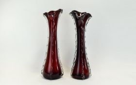 Murano - Pair of Hand Blown Tall Ruby Red Coloured Vases with Applied Clear Glass and Elongated