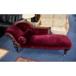 Antique Chaise Lounge Attractive day bed in dark wood with carved detail to back and leg tops.