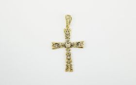 Antique - Ornate and Open Work 18ct Gold Cross with Diamond Inset. Marked 750.