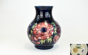 W. Moorcroft - Signed Tubelined Globular Shaped Large Vase ' Anemone ' Design on Blue Ground.