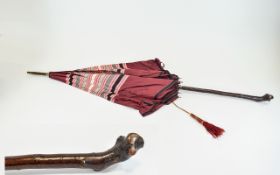 Vintage Parasol Of silk and wood construct, Canopy of heavy claret, pale grey, pink and black