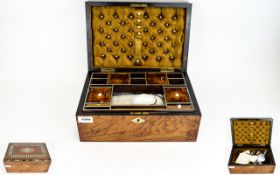 Victorian Marquetry Inlaid Sewing Box Dark wood inlaid box with intricate brass, bone,