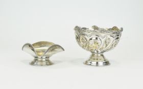 Antique Silver Footed Small Bowl with Pierced and Openwork Decoration with Turret Shaped Rim / Top.