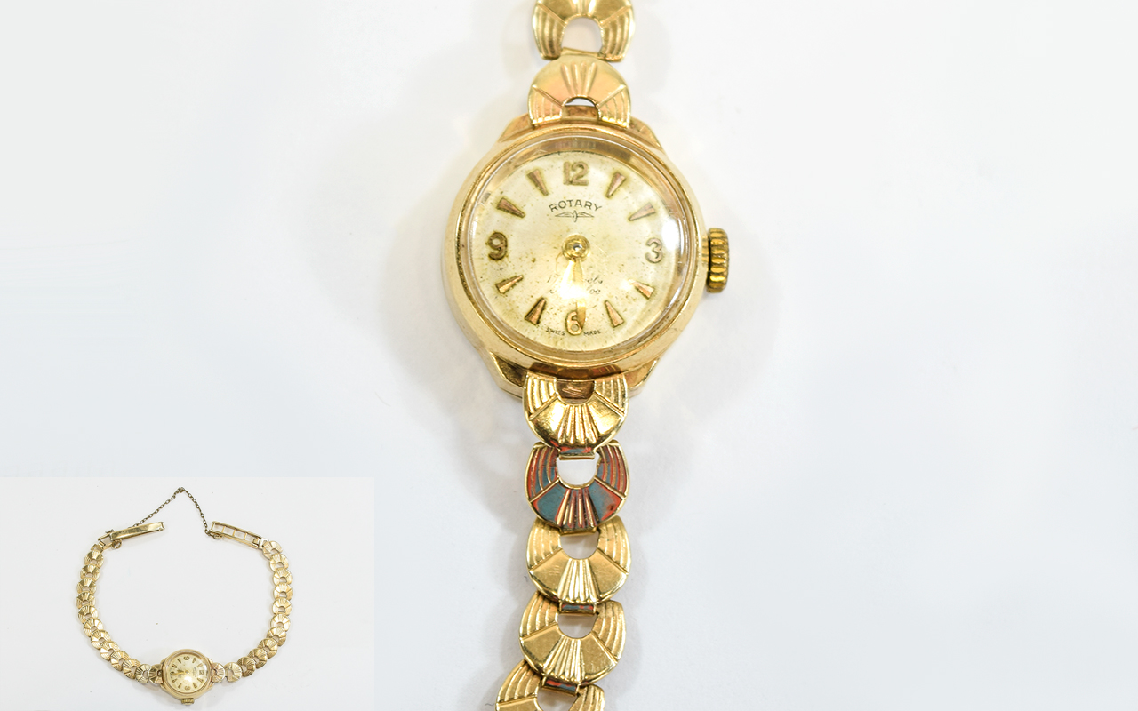 Rotary - Ladies Mechanical 9ct Gold Cased Watch with Integral 9ct Gold Fancy Bracelet.