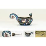 Russian Superb Quality Silver Gilt and Cloisonne Enamel Kovsh and Associated Spoon.