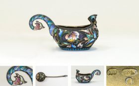 Russian Superb Quality Silver Gilt and Cloisonne Enamel Kovsh and Associated Spoon.