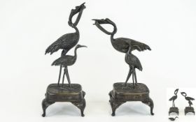 Japanese 19th Century - Realistic Pair of Bronze Figures / Sculptures of Cranes,