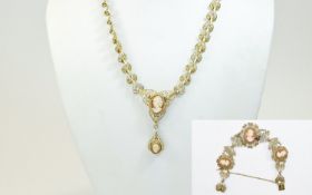Continental Silver Gilt Filigree Cameo Necklace and Bracelet, the necklace, in a Art Nouveau style,