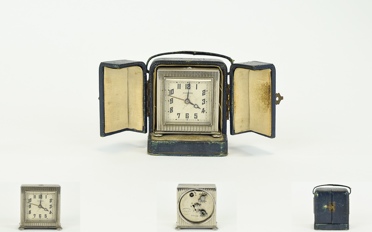 Zenith Art Deco Square Shaped Silver Plated Travel Alarm Clock. With Period Case. c.