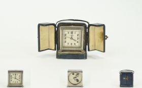 Zenith Art Deco Square Shaped Silver Plated Travel Alarm Clock. With Period Case. c.