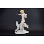Royal Dux - Tall and Impressive Art Deco Porcelain Figurine - Naked Lady ' Diana ' with Borzoi Dog