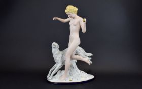 Royal Dux - Tall and Impressive Art Deco Porcelain Figurine - Naked Lady ' Diana ' with Borzoi Dog