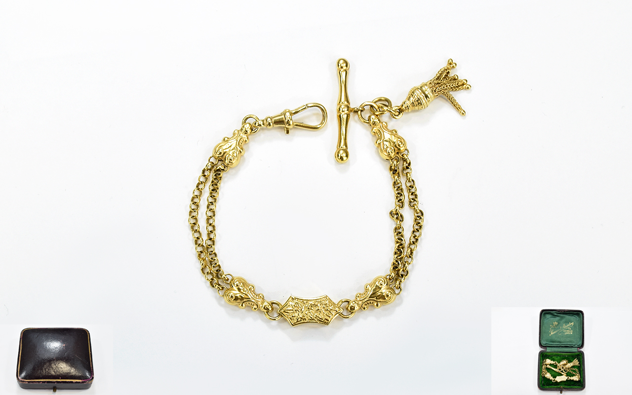 9ct Yellow Gold - Modern Fancy Ornate Bracelet with T-Bar, Clasp and Tassel. Fully Hallmarked. 14.