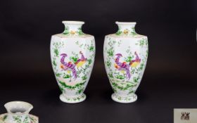 Pair Of 20thC Oriental Vases Hexagonal Form Each Depicting Stylised Peacocks Amongst Peony, 1 AF,