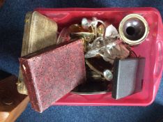 Box Of Assorted Metal Ware Including Flatware, Candleabra Etc.
