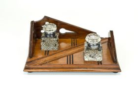 Edwardian Period Wooden Desk Top Ink Stand, Raised on 4 Ball Feet with Two Cut Crystal Ink Wells,